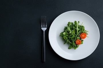 Fresh arugula salad with cherry tomatoes on a white plate at a minimalist setting