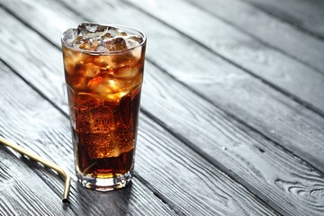 Refreshing cola with ice cubes in glass and straw on grey wooden table, closeup. Space for text