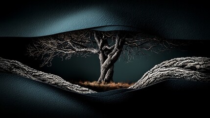 A surreal view of a withered tree emerging from a dark, textured background, symbolizing resilience