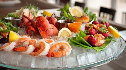 Luxurious seafood platter featuring lobster, shrimp, salmon, and fresh strawberries.