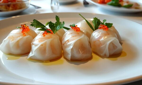 A plate of prawn dumplings (har gow) with translucent skin, arranged beautifully on a white plate, garnished with fresh herbs