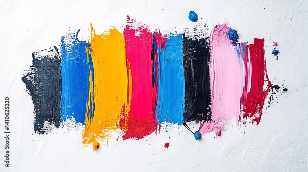 Poster dynamic splashes of bold paint strokes on a white wall create an artistic display in a modern studio