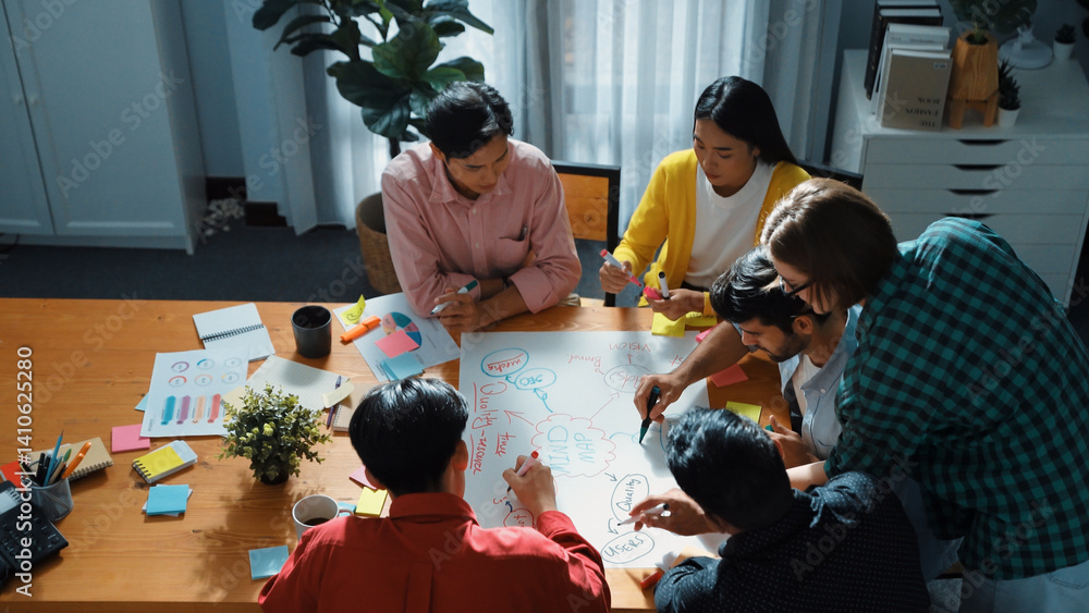 Poster top down view of smart business team in casual cloth brainstorming marketing idea and writing mind m