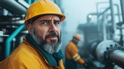 A serious construction worker in a yellow hard hat stares into the camera, representing diligence and responsibility in an industrial setting filled with machinery and fog.