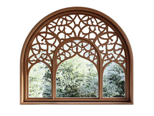 Fototapeta premium Elegant Arched Window with Intricate Design Overlooking Nature