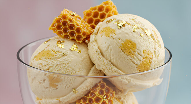 "artisanal vanilla ice cream, honeycomb drizzle, edible gold flakes, gourmet dessert, melting texture, pastel background, food photography, luxury sweets, creamy texture, glass cup, natural lighting"
