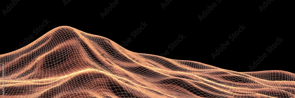 Poster a wireframe landscape with a black background showing a grid of undulating hills and valleys