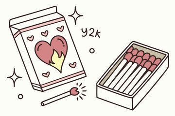 Light yellow Romantic Matchbook with Burning Heart - Y2K Valentine’s Day Vector Illustration

