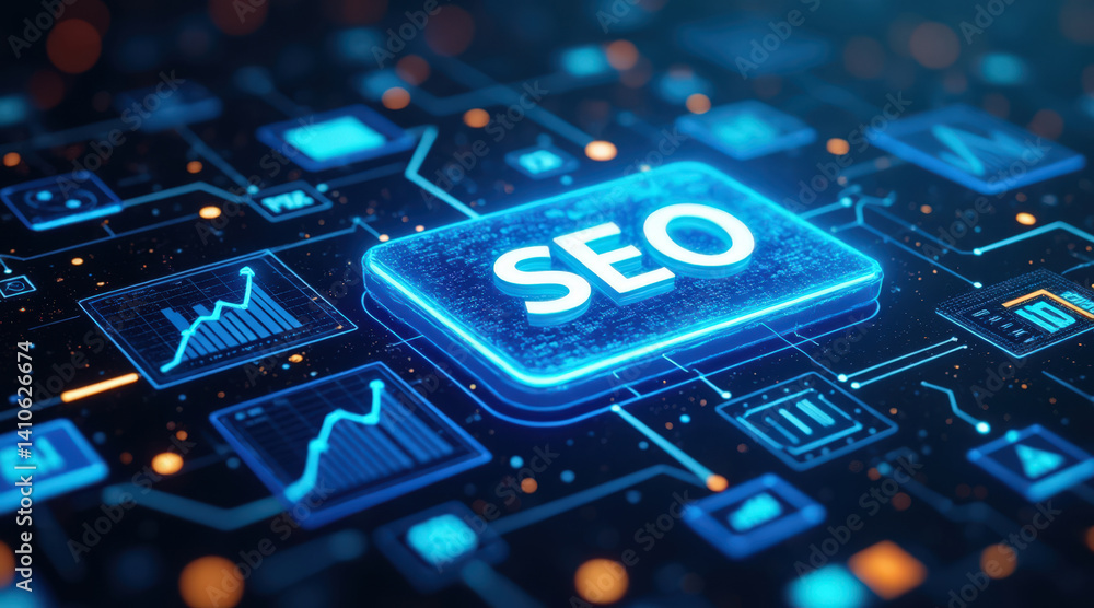 Poster a vibrant digital representation of seo, featuring a glowing button amidst data charts and interconn