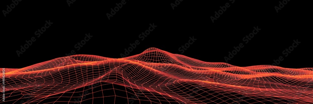 Poster a digital landscape with a red wireframe grid on a black background showing abstract terrain view