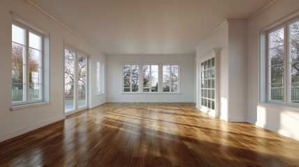 Obraz premium Sunlit empty room with hardwood floors and large windows offering a view of trees. The bright, airy space is perfect for modern living.