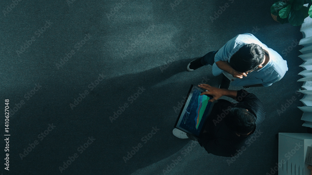 Poster top down view of manager walking to investor while holding tablet and looking at financial statistic