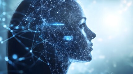Obraz premium Digital Mindscape: An artistic depiction of a woman's profile with a network of digital connections overlaying her face, illustrating the concept of artificial intelligence and human intellect.