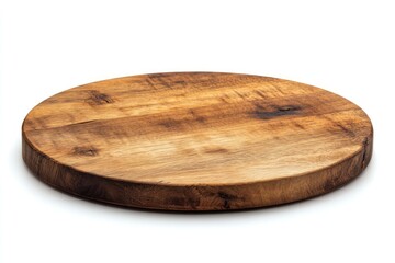 A round wooden pizza board or tray isolated on a white background with natural textures and tones emphasizing the rustic and inviting feel of the pizza surface