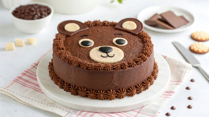 Cute bear-shaped chocolate cake with smooth icing, HD, on white background