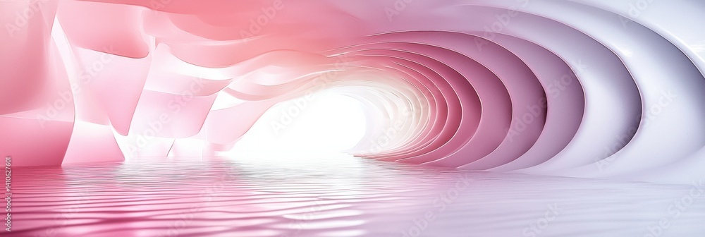 Poster flowing forms create a serene atmosphere with pink and white tones in a digital landscape generative
