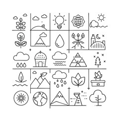 set of 30 minimalist line icons in a grid  eco 