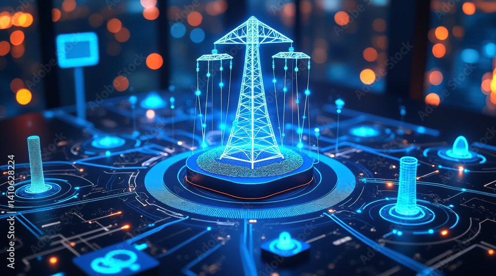 Poster a futuristic representation of a power grid, featuring a glowing power tower and digital interface e