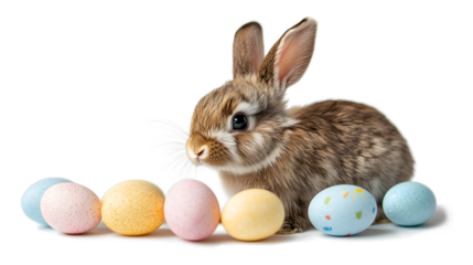 A rabbit is sitting in front of a bunch of Easter eggs