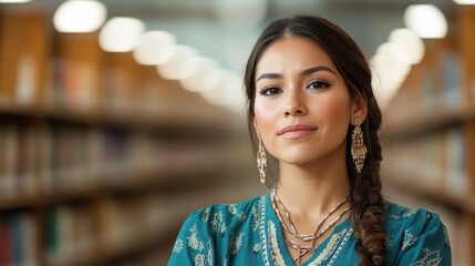 A poised and expressive woman with braids stands in a library surrounded by shelves of books, symbolizing knowledge, empowerment, and the quest for learning and growth.