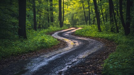 Fototapeta premium Serene forest pathway curve lined with lush greenery and tall trees