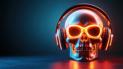 This captivating image of a glowing skull wearing headphones symbolizes the fusion of music and innovative art, presenting an intriguing visual representation of sound and energy.