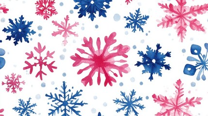 Colorful watercolor snowflakes with blue and pink patterns on white background