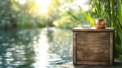 A peaceful wooden table with a plant and glass on the edge of a serene body of water, evoking tranquility and a connection to nature in a sunlit environment.