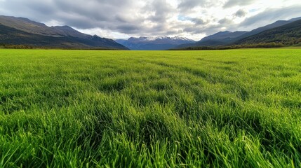 Fototapeta premium An expansive green field unfolds under a moody sky filled with clouds, creating a dramatic contrast that evokes feelings of freedom and open space, perfect for serene contemplation.