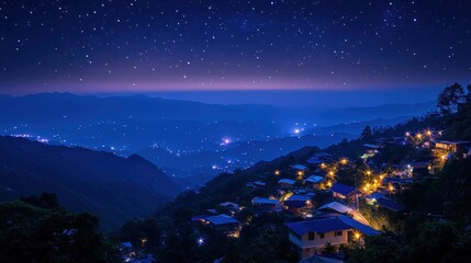 Fototapeta premium Stunning mountain village at night with starry sky and twinkling lights