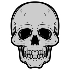 Cartoon skull vector illustration with bold black outlines, gray shading, detailed teeth, and empty eye sockets, spooky yet playful design perfect for Halloween, edgy graphics, and themed artwork.