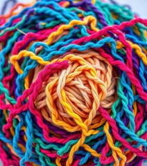Colorful yarn and fabric scraps tangled in a messy, crocheted bobina, colorful threads, upcycled