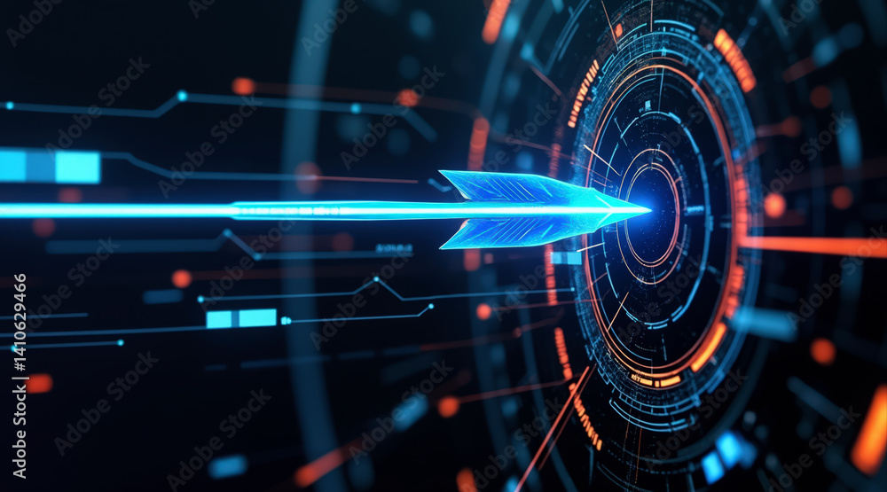 Poster a futuristic digital design featuring an arrow navigating through a circular interface with glowing 