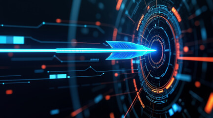 Fototapeta premium A futuristic digital design featuring an arrow navigating through a circular interface with glowing lines and dots.