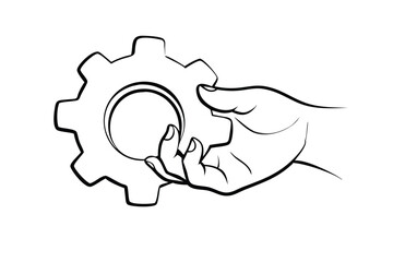 Human Hand Holding Cogwheel Illustration Design Of An Engineering Mechanical Concept Outline Style Isolated On White Background