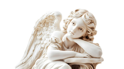 A white angel statue is sitting on a white surface