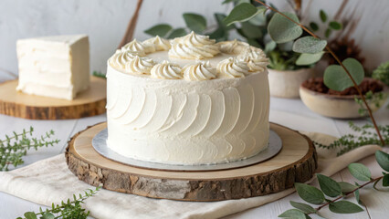 "Frosted white cake with textured buttercream, rustic yet elegant"