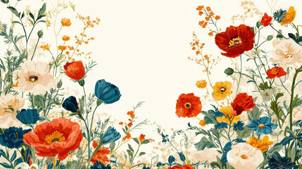 A vibrant illustration of wildflowers in red orange yellow and blue hues arranged in a lush botanical frame perfect for textile design or home decor projects.