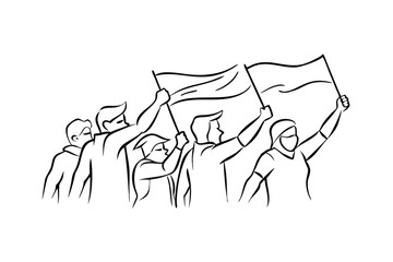 Group Of People Protesting With Flags In Line Art Style Representing Social Activism And Public Demonstration For Change And Justice In Society