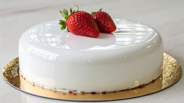 "Glossy white mirror glaze cake with a single red strawberry on top"