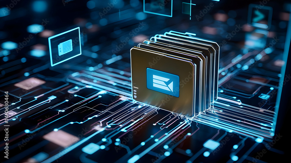 Poster advanced microchip on circuit board with blue light effects