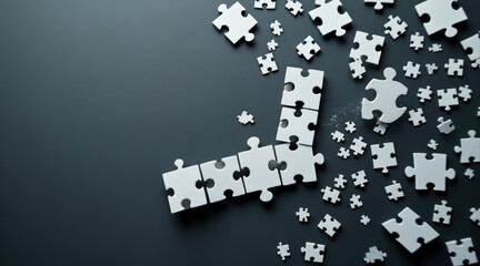 A collection of white puzzle pieces scattered on a dark surface, with some pieces fitting together in a corner.