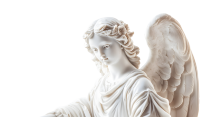 A white angel statue with wings and a flower on its head