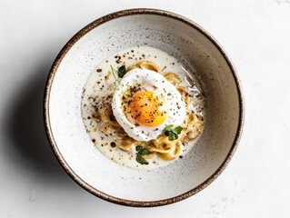 A top-down view of a rich carbonara pasta dish complete with a perfectly poached egg served in a deep bowl on a white background emphasizing creamy textures and vibrant details