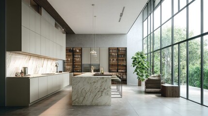 Modern linear layout kitchen with full-height glass