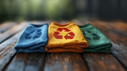 Eco-friendly colored t-shirts with recycle symbols on wooden table