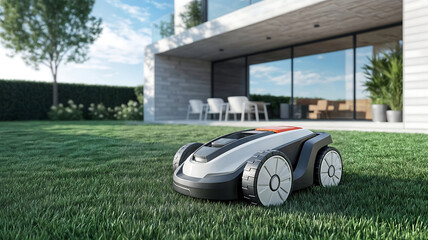 Robot tondeuse dans l'herbe du jardin, espace vide pour du texte