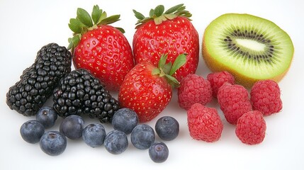 Obraz premium Fresh fruits, berries and vegetables arranged in a vibrant display, celebrating nature's bounty and healthy living. 