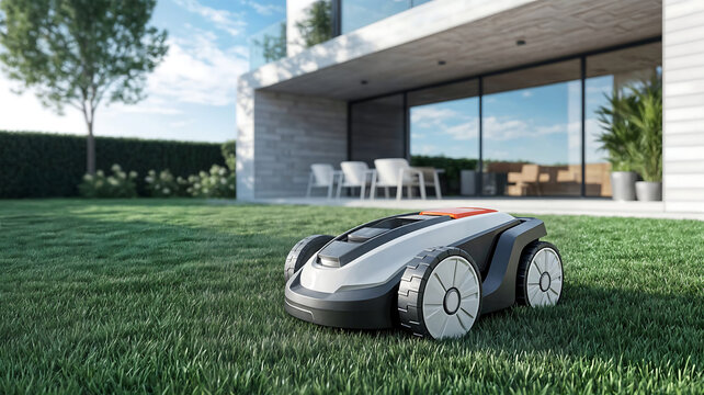 Robot tondeuse dans l'herbe du jardin, espace vide pour du texte