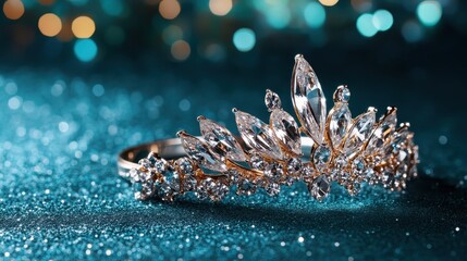 A beautiful regal tiara rests gracefully on a glittering surface, radiating luxury and charm, perfect for capturing the essence of elegance and celebration.